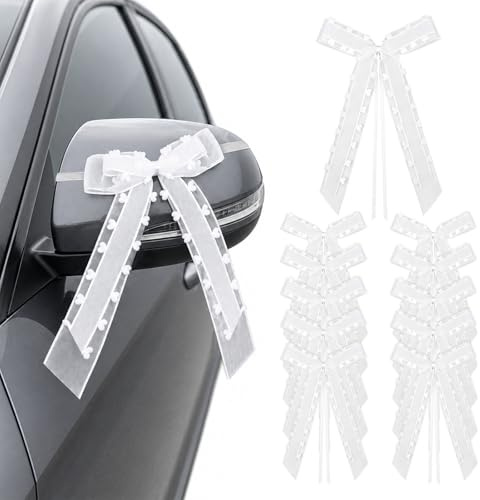 VGOODALL 30 Stück Autoschleifen Hochzeit Weiß, Satin Antennenschleifen 25x12cm für Hochzeitsauto Deko, Schleifen mit Herzmuster für Stühle und Kirchendeko, Stilvolle Gastgeschenke