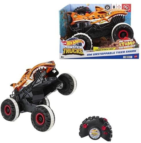Hot Wheels Monster Trucks Ferngesteuertes Auto Tiger Shark, mit 'Terrain Stomp' Technologie für tierähnliche Bewegungen, Wheelie Modus für Drehen auf 2 Rädern, Spielzeug ab 4 Jahre, HGV87