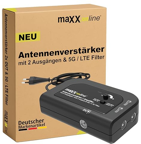 maxx.onLine Antennenverstärker mit 2 Ausgängen, Verstärkung 20 dB, 5G / LTE Filter für DVB-T2, Kabelfernsehen, Kabel Verstärker, Verstärker Wohnung