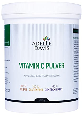 Adelle Davis® Vitamin C Pulver 1 kg — Reine Ascorbinsäure Hochdosiert 1000 mg — Pharmazeutische Qualität — L-Ascorbinsäure Vorratspackung — Vegan, Glutenfrei — Hergestellt in EU