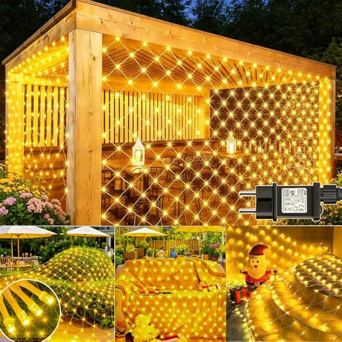 Joycome Lichternetz Außen 3x2m 200 LED Lichterkette Netz mit Stecker | Timer, 8 Modi Weihnachtsbeleuchtung Aussen Netz IP65 Wasserdicht Lichtervorhang für Büsche Garten Zimmer Balkon - Warmweiß