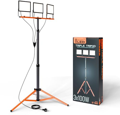 SmartLED Baustrahler Arbeitsstrahler mit Stativ 3x100W, LED Strahler 3x11000 Lumen, 1,60 m Einstellbar Teleskopisch, 360° Grad Drehung, 180 cm Kabel, IP65, kompakt und leicht (3x 100W 33000lm)