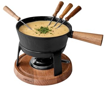BOSKA Fondue Set Pro L - Familien (6 Fonduegabeln) - Käsefondue Teelichter mit Stil - 1,8 L Inhalt für 1,2 L Geschmolzenen Käse [Stabile, Eichenholz und Edelstahl]
