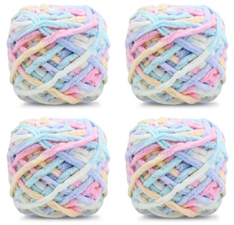 Strickwolle, 4 x 100 g, mehrfarbiges Strickgarn zum Häkeln, weiches, klobiges Garn für Garnprojekte, Plüschbälle, handgefertigte Taschen, Pullover, Schuhe, Mützen, Pullover, Decken, Schals