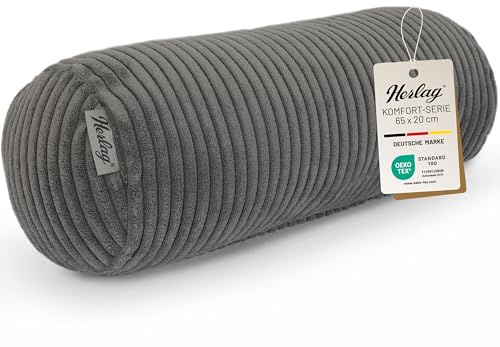Herlag Kissenrolle Ella Grau 65x20cm - Große Nackenrolle aus Kord - Unterstützendes Seitenschläferkissen - Kuschelige Sofarolle für Erwachsene & Kinder - Waschbare Dekokissenrolle - Öko Tex 100