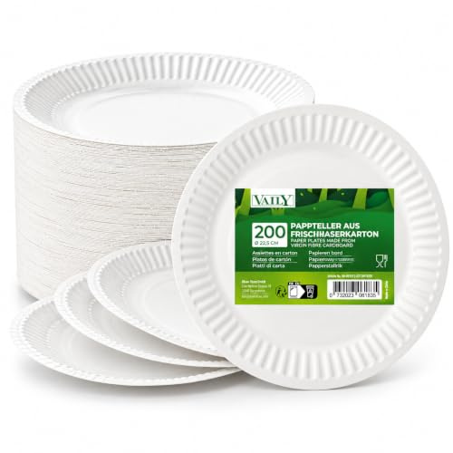 Vaily Pappteller rund 22,5 cm - Einwegteller und Partyteller, 200er Pack | Einweggeschirr für Grillfeste, Partys, Geburtstage und Picknick, Weiß