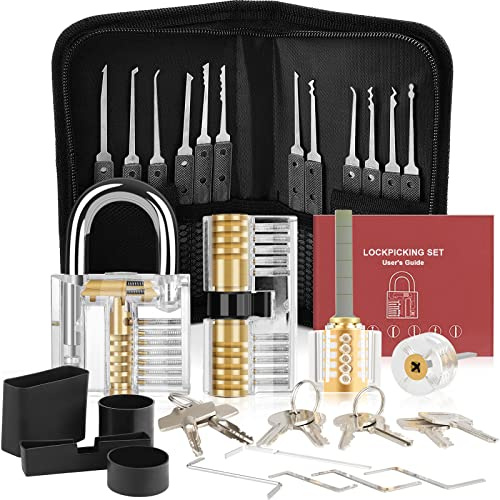 Diyife 36 Stück Lockpicking Set, Schloss Knacken Set, Dietrich Set- Schwarz | Lock Pick Set, 4 Transparente Schlösser, 4 Schwarze Verschlusshülsen, Handbuch für Anfänger &Professionelle Schlosser