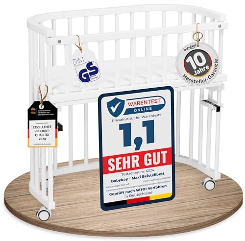 babybay Maxi, weiß lackiert, mit Matratze, Gitter & Rollen | Extra große Liegefläche, Beistellbett, GS-geprüft, massive Buche, stufenlos höhenverstellbar & mitwachsendes Babybett