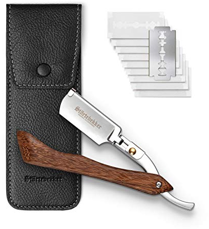 Störtebekker® Premium Rasiermesser mit Holzgriff im handgefertigten Lederetui (Schwarz) inkl. Alaunstift & Rasurguide [+ 10 Klingen] - Geschenkidee - Rasiermesser Set - Nassrasierer Set - Rasierset