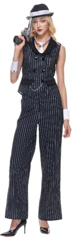 EraSpooky Damen Gangster Kostüm für Erwachsene 1920er Jahre Nadelstreifenanzug inklusive ärmelloser Jacke Hose Krawatte Armband Hut