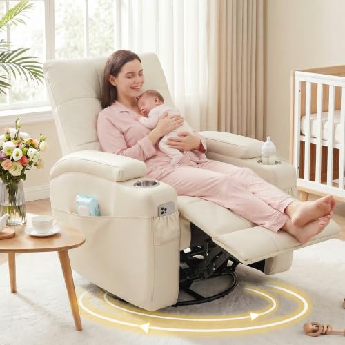 AIRSKY Relaxsessel Echtleder, Schaukelsessel mit Liegefunktion, Cremefarben | 360° Drehbarer Fernsehsessel TV Sessel mit Edelstahl-Getränkehalter Manuell Verstellbar Liegesessel für Wohnzimmer