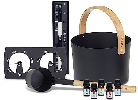 SULENO Sauna Zubehör Set KJELL Saunaeimer Kelle Aluminium eloxiert schwarz | Auslaufsicher, hochwertiges Sauna Set 9-teilig mit Saunakübel Saunakelle Klimamesser Sanduhr & 5 x Saunaduft