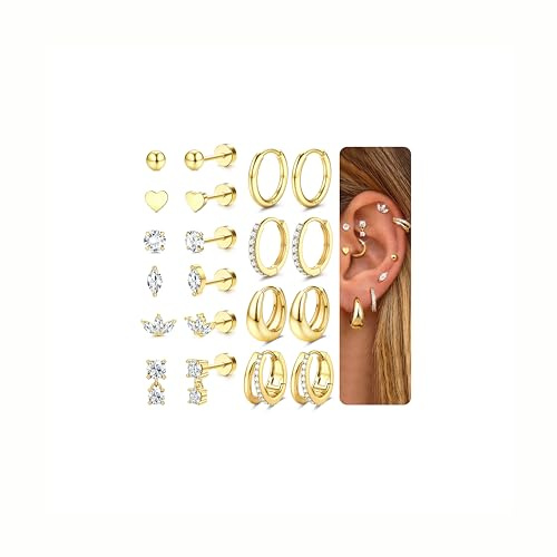 Morfetto 10 Paar Ohrringe Set Damen Gold, 316L Chirurgenstahl Hypoallergen Wasserfest Medizinische Ohrstecker Creolen für Mehrfachpiercing, Conch Tragus Helix Piercing Ohr Goldene CZ