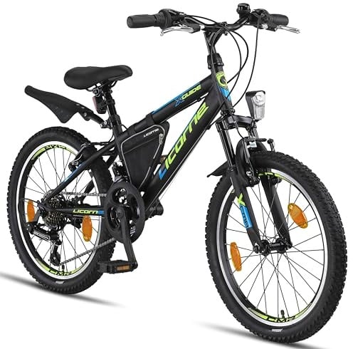 Licorne Bike Guide Premium Mountainbike in 20, 24, 26, 27.5 und 29 Zoll Fahrrad für Mädchen Jungen Herren und Damen (20 Zoll, Schwarz/Blau/Lime)
