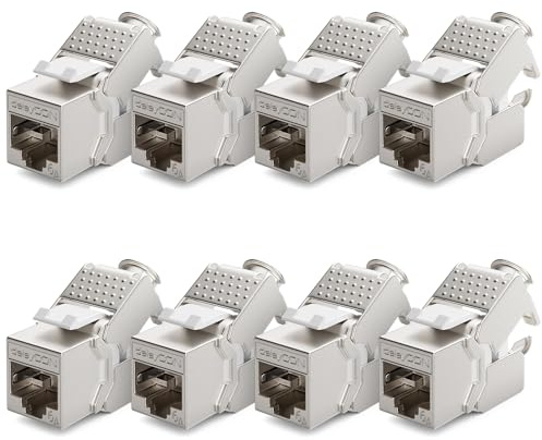 deleyCON Keystone Modul CAT 6a Jack STP RJ45 500MHz 10 Gbit/s, 8 Stück | Vollgeschirmt, RJ45 Buchse, werkzeugfrei dank Snap-In Montage, für CAT Rohkabel