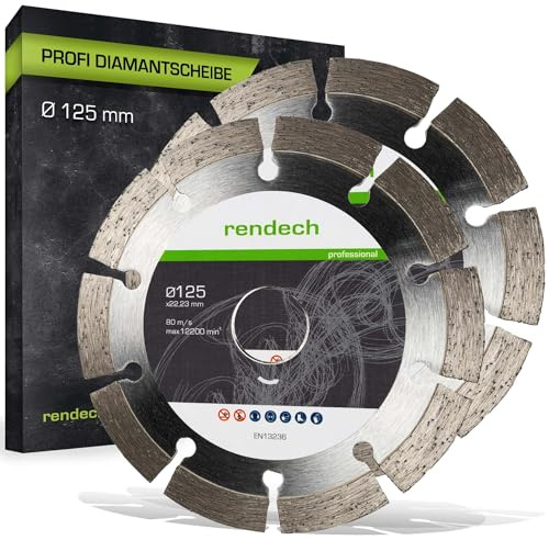 rendech® Profi Diamantscheibe 125mm für Winkelschleifer & Mauernutfräsen - Diamanttrennscheibe für Beton, Mauerwerk, Stein, Granit uvm. | 2er Pack