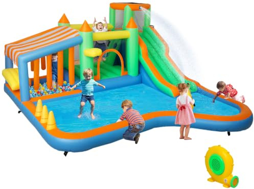 AIYAPLAY Hüpfburg mit Gebläse Wasserrutsche für 3-8 Jahre 360x315x195 cm | Planschbecken, Ballgrube, Kletterwand, Wurfring, Sprung, Basketballkorb, Wasserkanone, Aufblasbare Springburg