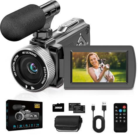 ZIMOCE Videokamera 4K Camcorder 48MP, 18X Digital Zoom Video Camera 3.0'' 270° Rotation Screen Vlogging Kamera für YouTube Tiktok, Vlog Camera mit Mikrofon, Fernbedienung, 32GB Karte, 2 Batterien