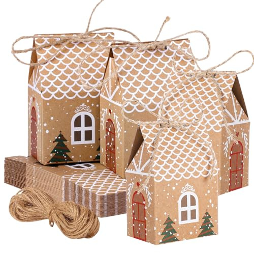 woric 24 Stk. Geschenkbox Weihnachten, Adventskalender Häuschen 14x9x6,5cm | Kraftpapier Schachtel Geschenkverpackung Weihnachten mit Hanfseil Geschenkschachtel für Süßigkeiten Schokolade