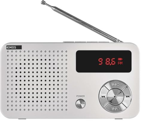 EMOS - tragbares digitales FM-Radio und MP3-Player mit Akku + USB-C Kabel - teleskopische Antenne, FM 88–108 MHz - USB-Port, Micro-SD-Karten-Slot, Kopfhörer-Anschluss - weiß/grau, Batteriebetrieben