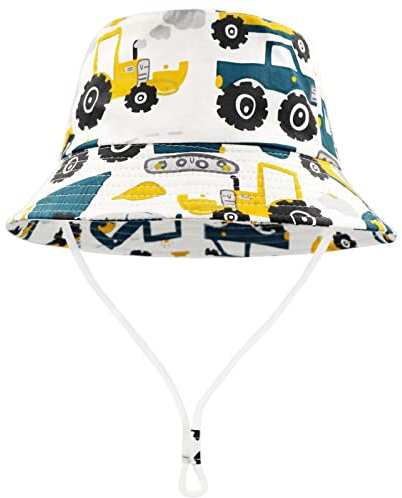 FenFang Sonnenhut Baby Kinder, Baufahrzeuge Fischerhut Kind Jungen Mädchen, Sonnenmütze mit Kinnriemen, Eimerhut Strandhut Kappe Mütze Frühling Sommer (2-4 Years, Weißer Bagger)