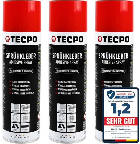 TECPO Sprühkleber 3x 500ml, Industriekleber, Stark haftend, Schnelle Trocknung, Hohe Temperaturbeständigkeit, Vielseitig für Textilien, Leder, Schaumstoffe, Dämmmaterialien, PVC, Papier