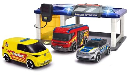 Dickie Toys - S.O.S Station für Kinder ab 3 Jahre (31x22 cm) mit 3 Spielzeug-Autos (Polizeiauto, Krankenwagen, Feuerwehrauto), Feuerwehr- & Polizeistation mit Licht & Sound, inkl. Batterienrien