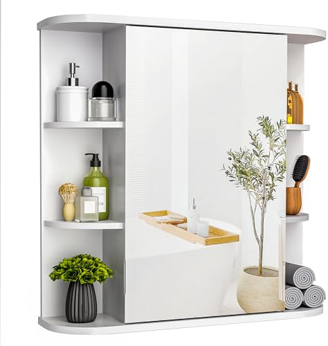 Pamapic Spiegelschränke fürs Bad, Badezimmerschrank mit Spiegel, Hängeschrank Badezimmer mit verstellbaren Ablagen, Schrank mit Badezimmerspiegel, Wandschrank,67,5 x 60 cm, Weiß