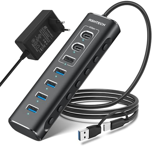 USB C Hub Aktiv mit Netzteil, RSHTECH 7-Port USB C 3.2 Hub Aktiv mit 3 * 10Gbps Port (2*Typ-C, 1*Typ-A), 4 * 5Gbps Port, 1m Datenkabel, 24W Netzteil, Aluminium USB 3.0 3.1, RSH-A107C