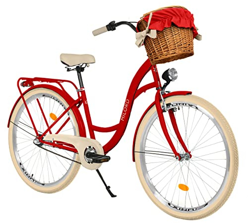 Komfort Fahrrad Citybike Mit Weidenkorb Vintage Damenfahrrad Hollandrad, 28 Zoll, Rot, 3-Gang