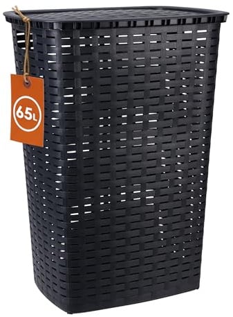 Kunststoff Wäschekorb anthrazit mit Deckel in Rattan Optik - 65 Liter - Wäschesammler in Flechtoptik mit seitlichen Griffen - Wäschesammelbox platzsparend feuchtraumbeständig