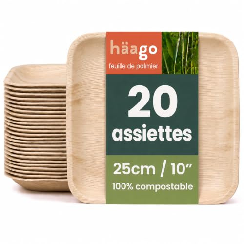HAAGO 20 quadratische Palmblatt-Teller, 25 cm – stabile Einwegteller für warme & kalte Speisen, Party & Grillen – kompostierbar, für Mikrowelle, Backofen & Gefrierschrank, Holzteller-Optik