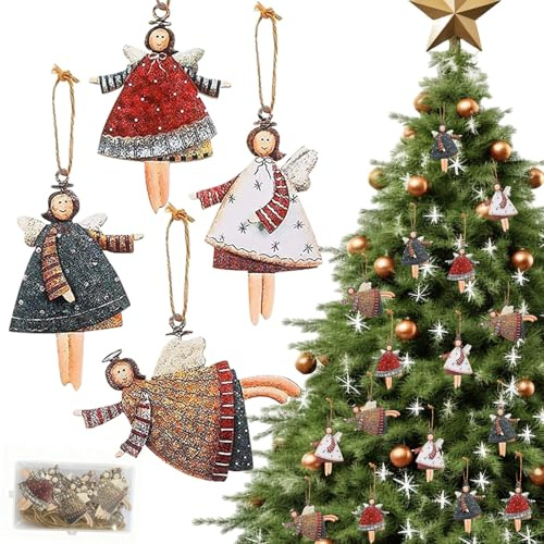 20 Stück Kleine Weihnachtsanhänger Engel, Christbaumschmuck Holz, 4 Designs Weihnachtsengel Anhänger Weihnachtsbaum Deko Adventskalender Füllung für Weihnachten Anhänger, Dekorationen