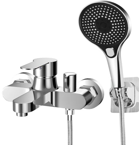 Badewannenarmatur mit Handbrause Mischbatterie Badewanne Chrom Wannenarmatur mit Brause Duschkopf 3 Funktionen, Messing Duscharmatur Wasserhahn Badewanne Set für Bad Dusche, Wandmontage 150mm