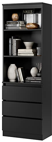FirFurd Bücherregal mit 3 Schubladen 3 Fächern 180 cm Hochschrank Bücherschrank Vitrinenschrank Mehrzweckschrank für Wohnzimmer Büro Küche 60 x 35 x 180 cm Schwarz