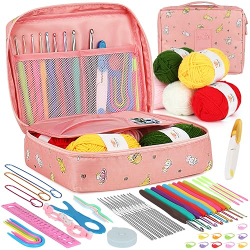 Aeelike 59 Stück Häkelnadel Set Rosa Katze Häkelset für Anfänger, Bunte Häkelnadeln mit Weichem Griff für Häkelgarn und wolle, 0,6 mm - 6,0 mm Ergonomische Häkelnadeln Set mit Häkeltasche, Zubehör