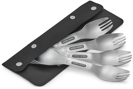 BLACK+BLUM Göffel Set aus Edelstahl, praktische Kombination aus Löffel und Gabel, ideal für Camping & Picknick, robust & spülmaschinengeeignet mit Fruchtmotiv, inkl. Etui aus recyceltem PET