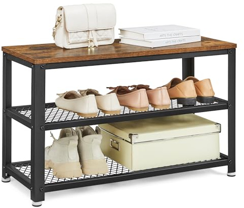 VASAGLE Schuhbank, Schuhregal mit 2 Gitterablagen, Aufbewahrung für Schuhe, 30 x 73 x 45 cm, für Eingangsbereich, Flur, Wohnzimmer, Metallgestell, Industrie-Design, vintagebraun-schwarz LBS73X