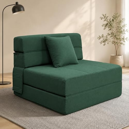 100x190cm 2-in-1-Schlafsessel mit Kissen, Doppel-Gästematratze, Dunkelgrün | Haustierfreundlicher Stoff,weicher Halt, faltbares und platzsparendes, Memory-Schaum mit hoher Dichte, sofort einsatzbereit