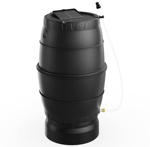 EJWOX Regentonnen mit Ständer zum Sammeln von Regenwasser aus der Dachrinne – robustes Regenwassersammelfass für den Außenbereich mit Zapfhahn und Filter (157 Liter, schwarz)
