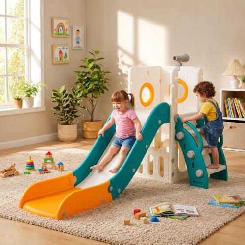 Kinder Rutsche, Indoor Outdoor Rutsche, 147x69x95 cm, Gelbgrün | Kleinkinderrutsche, Freistehende Rutsche, Kinderspielplatz, Kinderrutsche mit Ablage und Teleskop, für Kinder ab 1 Jahr