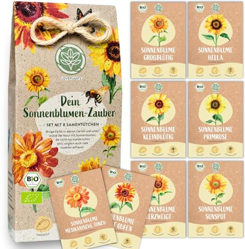Bio Sonnenblumen Samen Set I 8 Sorten Sonnenblumensamen I Blumensamen Geschenk Set mit Riesen und kleine Sonnenblumen. Sommerblumen Samen als Blumen Samen Geschenk I Blumen Saatgut von Loveplants