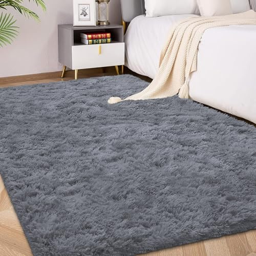 FVVRAX Flauschiger Hochflor-Teppich 120x180 cm, Grau | Für Wohnzimmer, Schlafzimmer und Kinderzimmer, kuschelig und komfortabel, sicher für Kinder und Haustiere