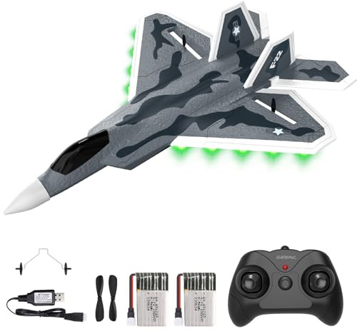 DEERC 2CH F22 Raptor RC Flugzeug mit Lichtern, Ferngesteuertes Flugzeug Kampfspielzeug, 2,4 GHz 6-Achsen-Gyro-Stabilisator, RTF-Segelflugzeug, Düsenflugzeug mit 2 Batterien, für Kinder, Anfänger