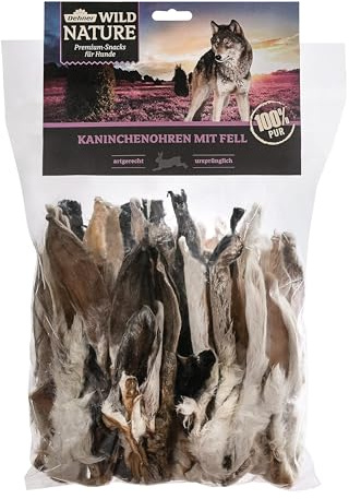 Dehner Wild Nature Hundesnack, Premium Hundeleckerli glutenfrei / zuckerfrei, Kausnack für ernährungssensible Hunde, Kaninchenohren mit Fell, 500 g