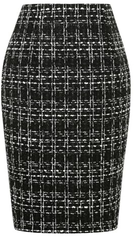 Kinghua Damen-Bleistiftrock aus Wolle, kariert, für Herbst und Winter, hohe Taille, Schlitz, figurbetont, Knielang, Midirock, Tweed Schwarz, Groß