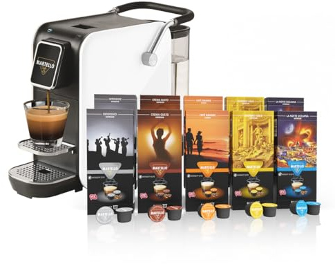 Martello Bundle | SMART KAPSELMASCHINE Weiß + PROBIERSET | UTZ Zertifiziert | Nachhaltig und Fair | Probierset mit 100 Kapseln (10 x 10) | Kaffeemaschine ist ausschließlich mit Martello Kaffeekapseln