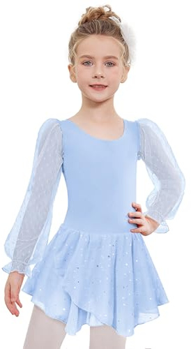 Arshiner Ballettkleidung Mädchen Langarm Ballerina Kleid Blau Ballettkleid Baumwolle Tanzkleid Kinder Ballettanzug Einfarbig Balletttrikot Tanzbody mit Tütü 140/6-7 Jahre
