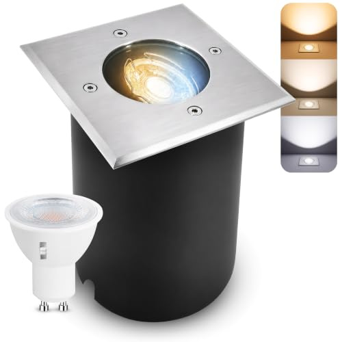 SSC-LUXon JUAVI Bodeneinbaustrahler eckig IP67 GU10 3W 3 Lichtfarben | Befahrbarer Bodenspot eckig IP67 für Wege, Terrasse & Beet - warm / neutral / kalt einstellbar, schwenkbar, Edelstahl