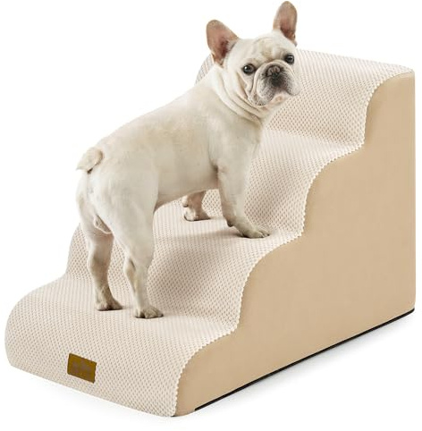 COZY KISS Hundetreppe für Kleine Hunde 50cm, Haustiertreppe für Bett aus Hochdichtem Schwamm, Hunde Treppe Hunderampe mit Waschbarem Bezug und Rutschfestem Boden, 40x72x50cm, 4 Stufen, Beige